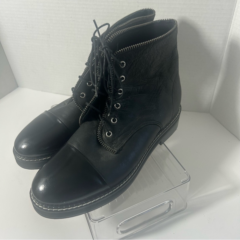 NEW JONAK Paris Women’s Black Leather Ankle Combat Moto Lace Up Boots - Picture 3 of 8